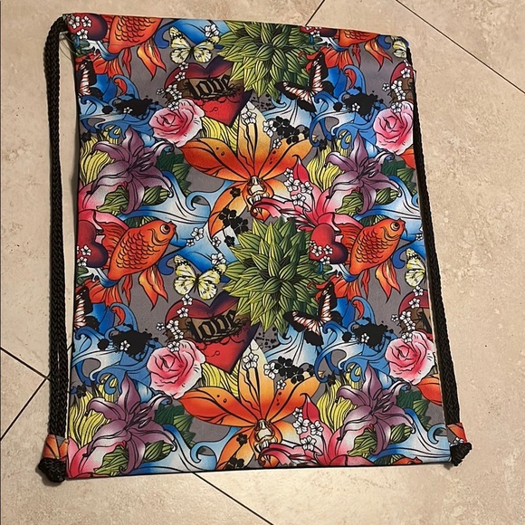 Colorful Drawstring Backpack with Floral and Fish Design